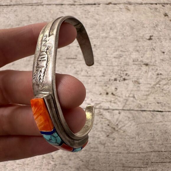 Vintage Kachina Native American Raise Coral Turquoise Sterling CJ Cuff Bracelet - Picture 4 of 10